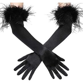Acenail Black Feather Gloves Long Satin Gloves Opera Evening Gloves Elbow 1920s Party Gloves Bride Wedding Gloves Women Halloween Costume