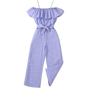 WDIRARA Girl's Ruffle Trim Cold Shoulder Short Sleeve Belted Wide Leg Jumpsuit Pants in Kuwait