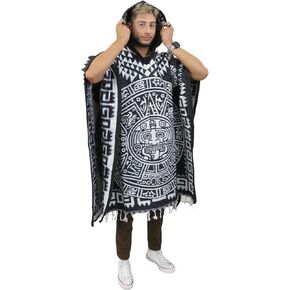 Leos Imports معطف غابان مكسيكي تقليدي ذو وجهين مع قلنسوة، تصميم تقويم أزتيك للجنسين مقاس واحد