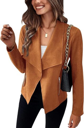 BTFBM Women Faux Suede Motorcycle Jackets Coat 2023 Fall Fashion Long Sleeve Open Front Draped Cropped Outwear in Kuwait