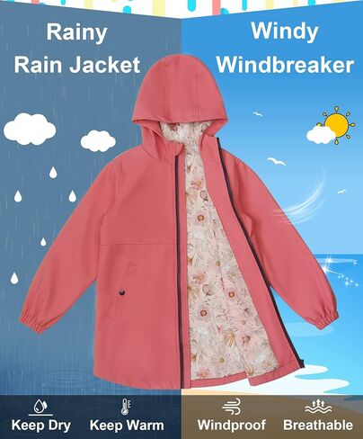 maoo garden Girls Rain Jackets Kids Waterproof Raincoat Lightweight Floral Lining Spring Windbreaker in Saudi Arabia
