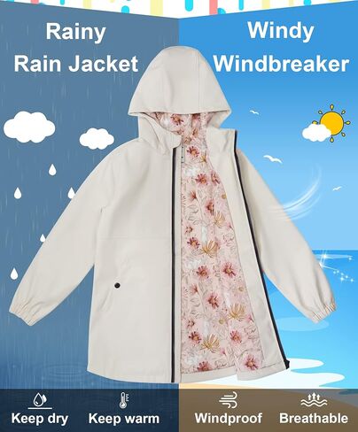 maoo garden Girls Rain Jackets Kids Waterproof Raincoat Lightweight Floral Lining Spring Windbreaker in Saudi Arabia