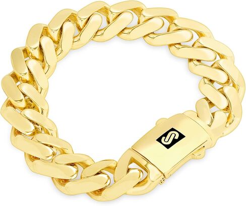 Nuragold 14k الذهب الأصفر 17mm رويال موناكو ميامي الكوبية ربط سلسلة سوار، مجوهرات رجالي يتوهم مربع المشبك 8 "8.5" 9" in Saudi Arabia
