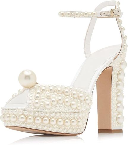 Goolita Womens Open Toe Pearl Platform Heels For Women Chunky Buckle Ankle Strap Wedding Heeled Sandals Dress Evening Bride Bridal Shoes in Saudi Arabia