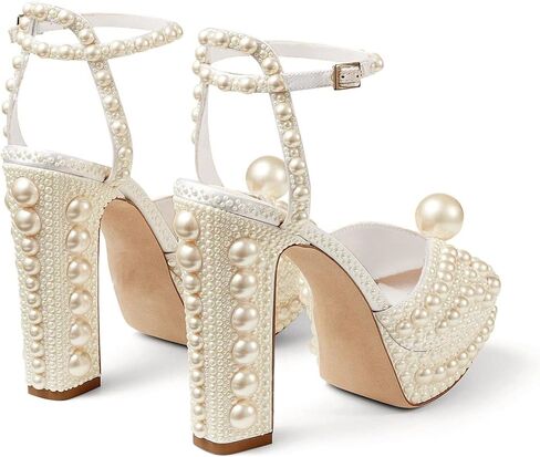 Goolita Womens Open Toe Pearl Platform Heels For Women Chunky Buckle Ankle Strap Wedding Heeled Sandals Dress Evening Bride Bridal Shoes in Saudi Arabia