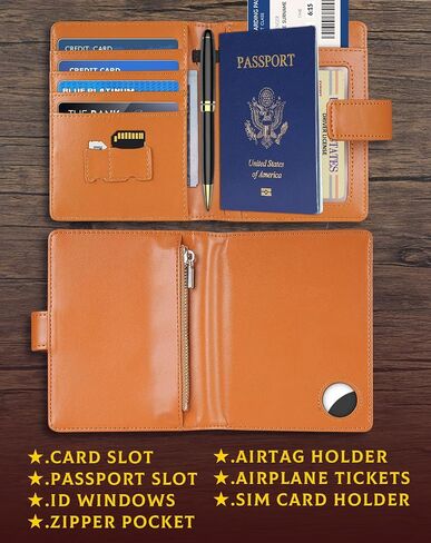 حافظة غطاء محفظة لحامل جواز السفر AirTag للنساء والرجال، حجب RFID، حافظة جواز السفر مع حامل AirTag، ملحقات السفر (بني) in Kuwait