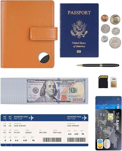 حافظة غطاء محفظة لحامل جواز السفر AirTag للنساء والرجال، حجب RFID، حافظة جواز السفر مع حامل AirTag، ملحقات السفر (بني) in Kuwait