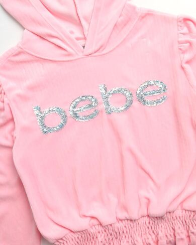 بدلة رياضية للبنات من bebe - قطعتين سويت شيرت بغطاء رأس قطيفة مضلعة وبنطلون رياضي مفتوح من الأسفل - طقم بدلة رياضية بخصر سميك (7-12) in Kuwait