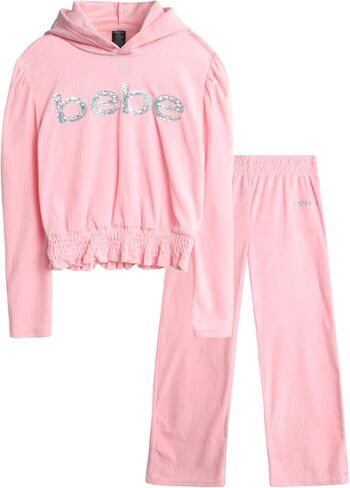 بدلة رياضية للبنات من bebe - قطعتين سويت شيرت بغطاء رأس قطيفة مضلعة وبنطلون رياضي مفتوح من الأسفل - طقم بدلة رياضية بخصر سميك (7-12) in Kuwait