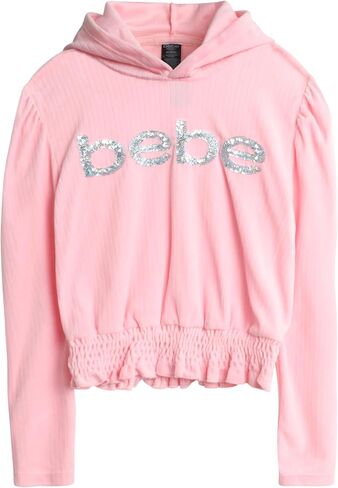 بدلة رياضية للبنات من bebe - قطعتين سويت شيرت بغطاء رأس قطيفة مضلعة وبنطلون رياضي مفتوح من الأسفل - طقم بدلة رياضية بخصر سميك (7-12) in Kuwait
