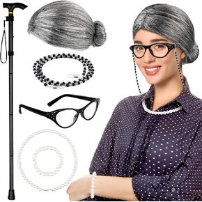 Hiwooii 6 Pieces 100 Days of School Old Lady Wig Set Granny Cosplay Wig Granny Hair Glasses Cane Pearl Necklace Bracelet, Dark Gray in Kuwait
