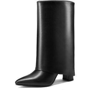 Vaslemuse Women's Mid-Calf Boots Fold Over Chunky Heel Pointed Toe Slouch Riding Boots