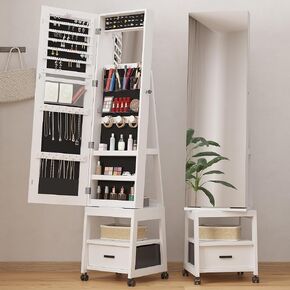 GAOMON 360° Swivel Jewelry Armoire, Floor Standing Locking with Full Length Mirror, Inside Makeup Mirror, Bottom Drawer, Rear Storage Shelves, Wheels, Brown Cabinet with Large Storage Capacity (Brown) in Saudi Arabia