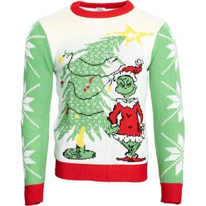 Dr. Seuss Grinch As Santa Next to Tree Adult Off-White Ugly Christmas Sweater