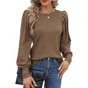 HOTOUCH المرأة بلوزة متماسكة لينة نفخة طويلة الأكمام قميص قمم خفيفة الوزن جولة الرقبة سترة S-XXL