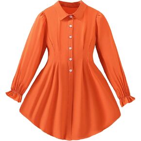 SweatyRocks Girl's Pleated Long Flounce Sleeve Collar Button Down Blouses Casual Solid Flared Hem Shirt Tops in Saudi Arabia