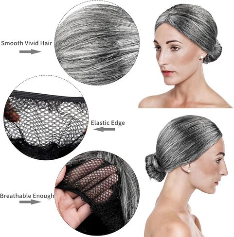 Hiwooii 6 Pieces 100 Days of School Old Lady Wig Set Granny Cosplay Wig Granny Hair Glasses Cane Pearl Necklace Bracelet, Dark Gray in Kuwait