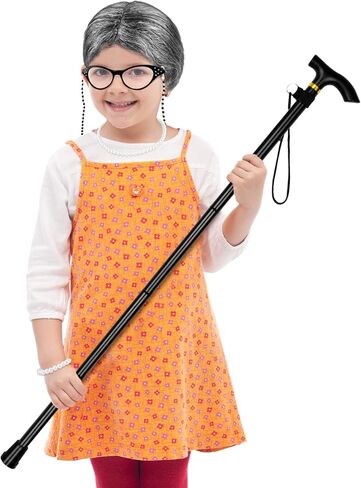 Hiwooii 6 Pieces 100 Days of School Old Lady Wig Set Granny Cosplay Wig Granny Hair Glasses Cane Pearl Necklace Bracelet, Dark Gray in Kuwait