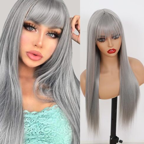 Grey Color Wigs Long Straight with Bangs Wigs Synthetic Fiber Hair for Women Wigs with No Lace Wigs Glueless Heat resistant Hair for Fashion Women(22 Inch) in Saudi Arabia