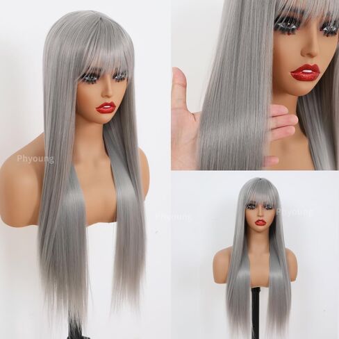 Grey Color Wigs Long Straight with Bangs Wigs Synthetic Fiber Hair for Women Wigs with No Lace Wigs Glueless Heat resistant Hair for Fashion Women(22 Inch) in Saudi Arabia