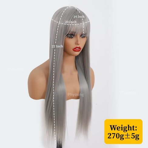 Grey Color Wigs Long Straight with Bangs Wigs Synthetic Fiber Hair for Women Wigs with No Lace Wigs Glueless Heat resistant Hair for Fashion Women(22 Inch) in Saudi Arabia