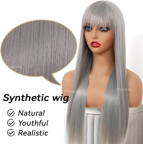 Grey Color Wigs Long Straight with Bangs Wigs Synthetic Fiber Hair for Women Wigs with No Lace Wigs Glueless Heat resistant Hair for Fashion Women(22 Inch) in Saudi Arabia