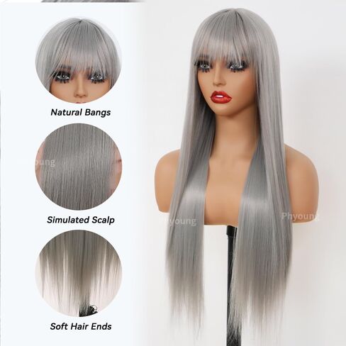 Grey Color Wigs Long Straight with Bangs Wigs Synthetic Fiber Hair for Women Wigs with No Lace Wigs Glueless Heat resistant Hair for Fashion Women(22 Inch) in Saudi Arabia