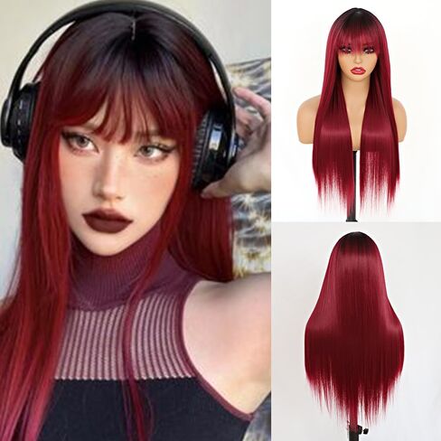 Grey Color Wigs Long Straight with Bangs Wigs Synthetic Fiber Hair for Women Wigs with No Lace Wigs Glueless Heat resistant Hair for Fashion Women(22 Inch) in Saudi Arabia