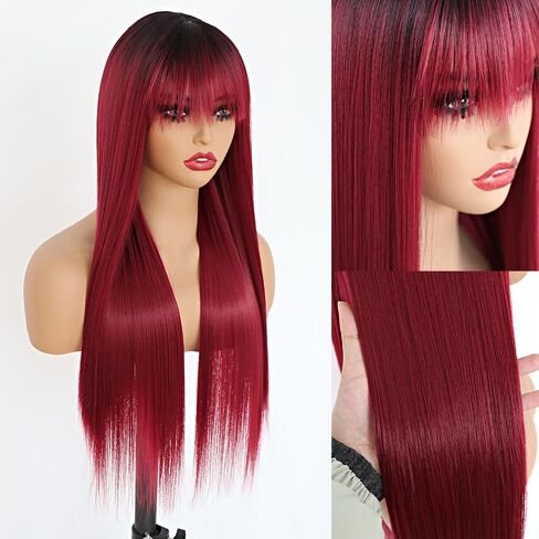 Grey Color Wigs Long Straight with Bangs Wigs Synthetic Fiber Hair for Women Wigs with No Lace Wigs Glueless Heat resistant Hair for Fashion Women(22 Inch) in Saudi Arabia