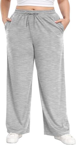Women's Plus Size Casual Pants Elastic Waist Wide Leg Loose Fit Pajama Drawstring Sweatpants Pants with Pockets in Saudi Arabia