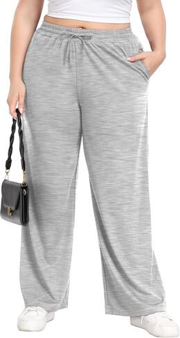 Women's Plus Size Casual Pants Elastic Waist Wide Leg Loose Fit Pajama Drawstring Sweatpants Pants with Pockets in Saudi Arabia