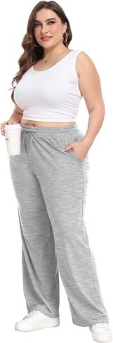 Women's Plus Size Casual Pants Elastic Waist Wide Leg Loose Fit Pajama Drawstring Sweatpants Pants with Pockets in Saudi Arabia