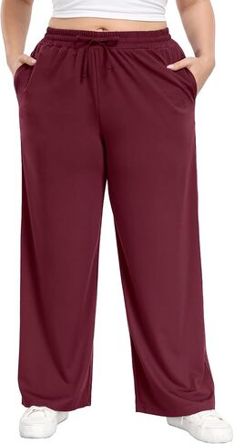 Women's Plus Size Casual Pants Elastic Waist Wide Leg Loose Fit Pajama Drawstring Sweatpants Pants with Pockets in Saudi Arabia