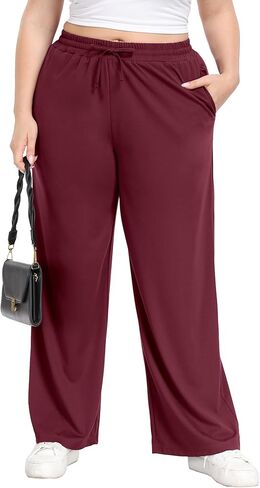Women's Plus Size Casual Pants Elastic Waist Wide Leg Loose Fit Pajama Drawstring Sweatpants Pants with Pockets in Saudi Arabia