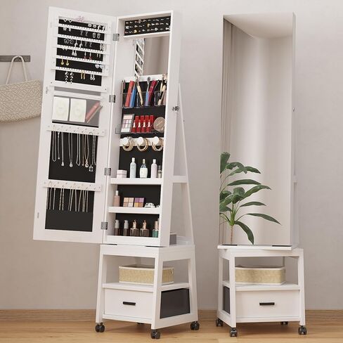 GAOMON 360° Swivel Jewelry Armoire, Floor Standing Locking with Full Length Mirror, Inside Makeup Mirror, Bottom Drawer, Rear Storage Shelves, Wheels, Brown Cabinet with Large Storage Capacity (Brown) in Saudi Arabia
