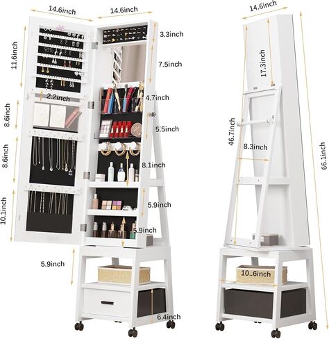 GAOMON 360° Swivel Jewelry Armoire, Floor Standing Locking with Full Length Mirror, Inside Makeup Mirror, Bottom Drawer, Rear Storage Shelves, Wheels, Brown Cabinet with Large Storage Capacity (Brown) in Saudi Arabia