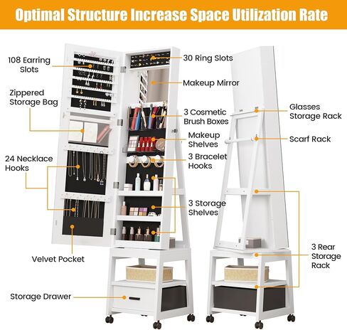GAOMON 360° Swivel Jewelry Armoire, Floor Standing Locking with Full Length Mirror, Inside Makeup Mirror, Bottom Drawer, Rear Storage Shelves, Wheels, Brown Cabinet with Large Storage Capacity (Brown) in Saudi Arabia