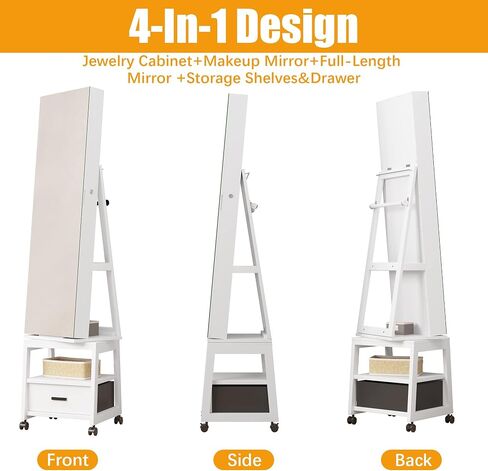 GAOMON 360° Swivel Jewelry Armoire, Floor Standing Locking with Full Length Mirror, Inside Makeup Mirror, Bottom Drawer, Rear Storage Shelves, Wheels, Brown Cabinet with Large Storage Capacity (Brown) in Saudi Arabia