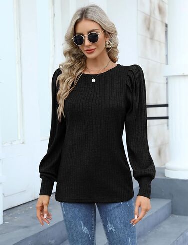 HOTOUCH المرأة بلوزة متماسكة لينة نفخة طويلة الأكمام قميص قمم خفيفة الوزن جولة الرقبة سترة S-XXL in Saudi Arabia