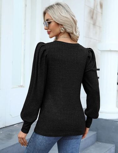HOTOUCH المرأة بلوزة متماسكة لينة نفخة طويلة الأكمام قميص قمم خفيفة الوزن جولة الرقبة سترة S-XXL in Saudi Arabia