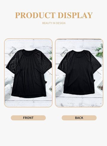 Eytino بلوزات حجم كبير للنساء الصيف الدانتيل قصيرة الأكمام Crewneck بلوزة فضفاضة غير رسمية تونك تي شيرت (1X-5X) in Kuwait