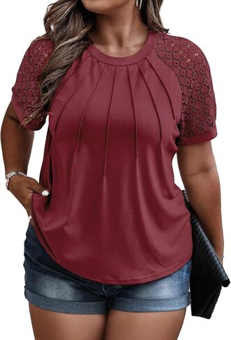 Eytino بلوزات حجم كبير للنساء الصيف الدانتيل قصيرة الأكمام Crewneck بلوزة فضفاضة غير رسمية تونك تي شيرت (1X-5X) in Kuwait
