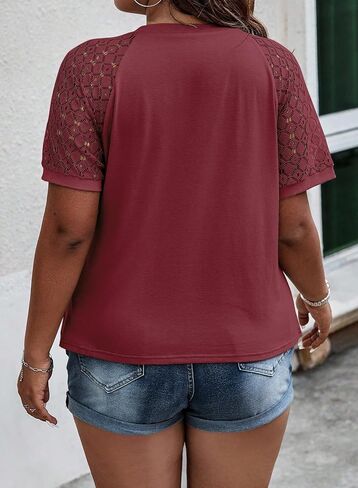 Eytino بلوزات حجم كبير للنساء الصيف الدانتيل قصيرة الأكمام Crewneck بلوزة فضفاضة غير رسمية تونك تي شيرت (1X-5X) in Kuwait
