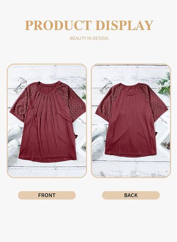 Eytino بلوزات حجم كبير للنساء الصيف الدانتيل قصيرة الأكمام Crewneck بلوزة فضفاضة غير رسمية تونك تي شيرت (1X-5X) in Kuwait