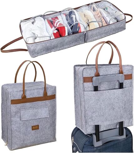 Sanpiero Travel Shoe Bags with Leather Handle, Shoe Storage Organizer Travel Luggage Bag Zipper Shoe Tote Bag Shoe Bag Portable Shoe Organizer for Men and Women Grey in Saudi Arabia