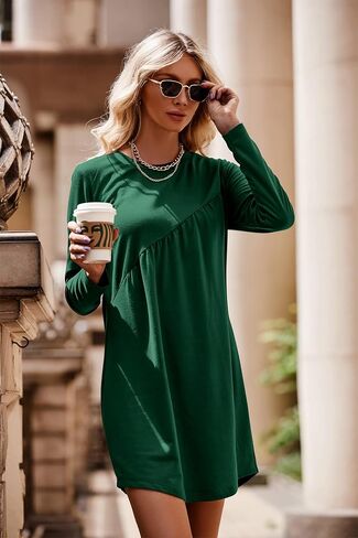 فستان تونيك نسائي قصير الأكمام من PRETTYGARDEN، كاجوال بياقة مستديرة، فضفاض، فساتين مكشكشة in Saudi Arabia