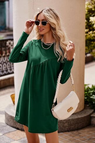فستان تونيك نسائي قصير الأكمام من PRETTYGARDEN، كاجوال بياقة مستديرة، فضفاض، فساتين مكشكشة in Saudi Arabia