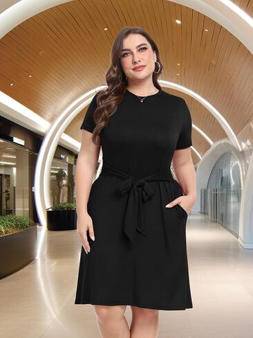 فستان Lastshe النسائي الصيفي متوسط ​​الحجم كاجوال متوسط ​​الطول برباط خصر واسع ورقبة دائرية وأكمام قصيرة مع جيوب in Kuwait
