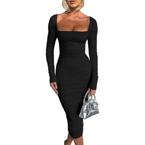 BEAGIMEG Women's Sexy Bodycon Long Sleeves Ruched Square Neck Party Club Midi Dress in Kuwait