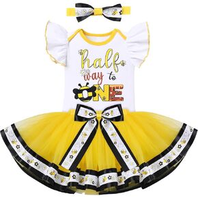 IBTOM CASTLE Baby Girls First Birthday Outfit Bee Romper Tutu Skirt Bowknot Headband Cake Smash Photoshoot Clothes